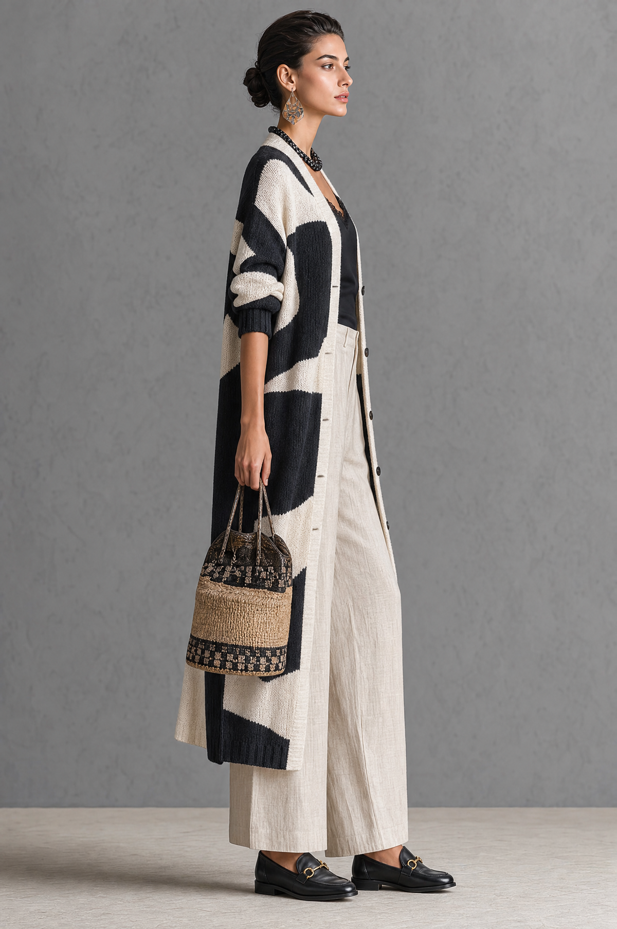 Women's Minimalist Color-Block Jacquard Single-Breasted Long Cardigan MDZ0422H8WY