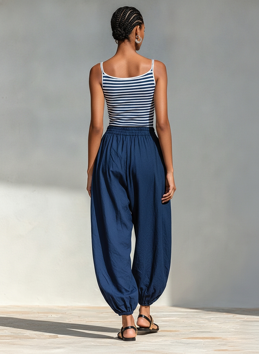 Women's Navy & White Striped Cotton-Blend Two-Piece Set With Square Neck Sling Top & Drawstring Harem Jogger Pants, Minimalist Casual Vacation Outfit MDZ0518F8LYL