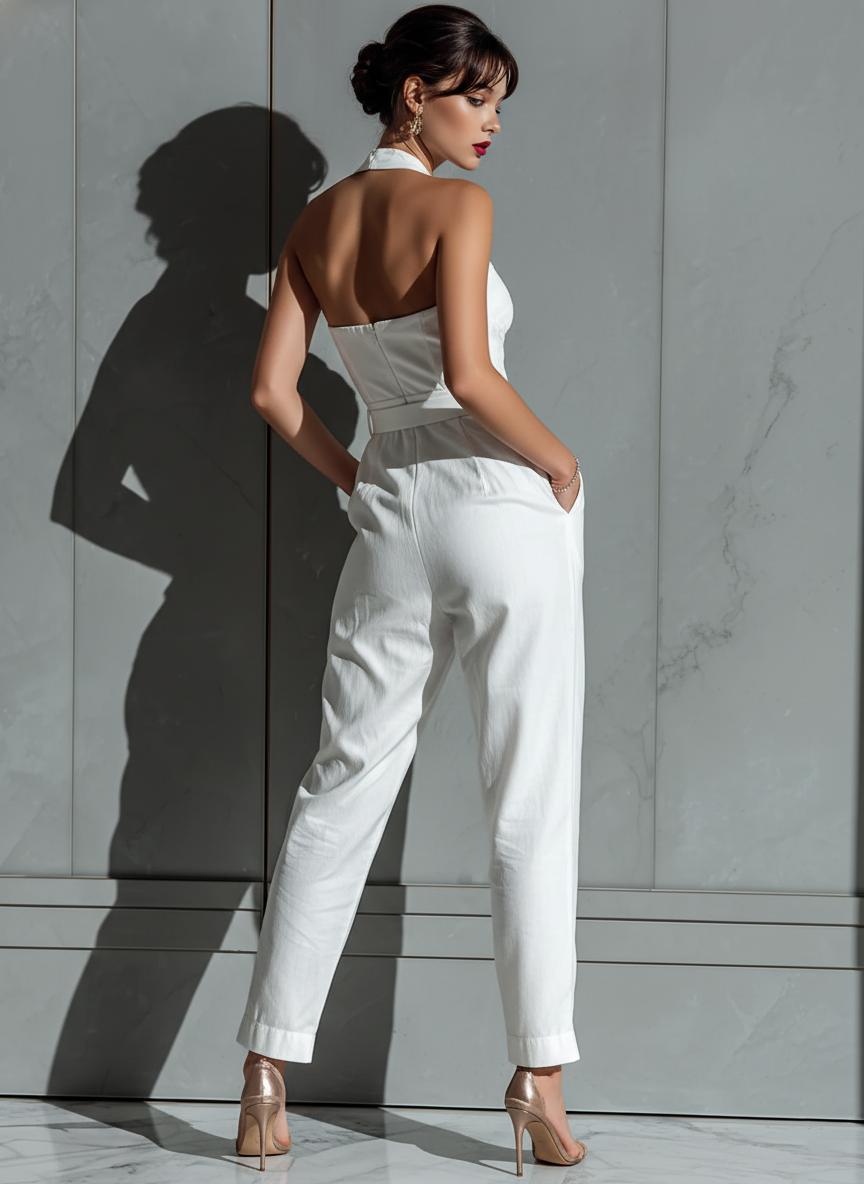 Women's Ivory Cotton And Linen Blend Wide-Leg Jumpsuit With Cinched Waist MDZ0674B7T