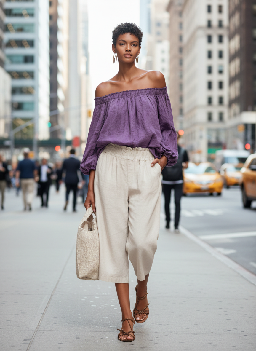 Women's Casual Style Purple Cotton And Linen Off-shoulder Long Lantern Sleeve Top MDZ0697E3GMJ