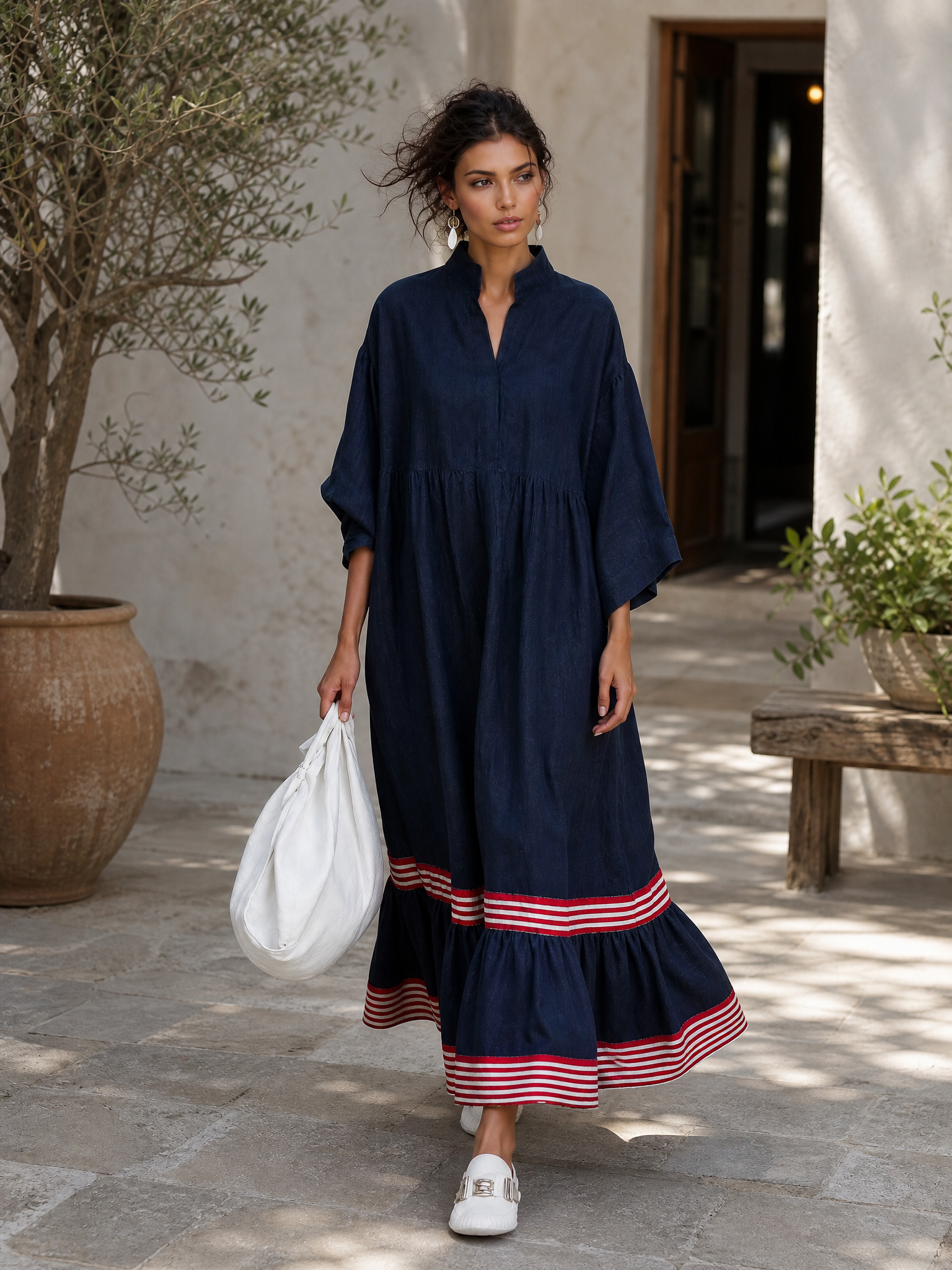 Women's Minimalist Linen-Blend Long-Sleeve Maxi Dress With Striped Hem Panel MDZ0967G8WY