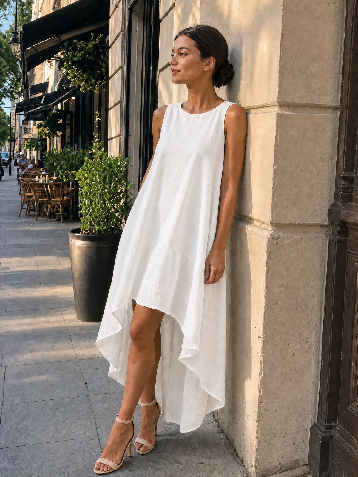 Women's White Linen Fabric Sleeveless Midi Dress With Round Neck & Asymmetric Hem MDZ0987B9T