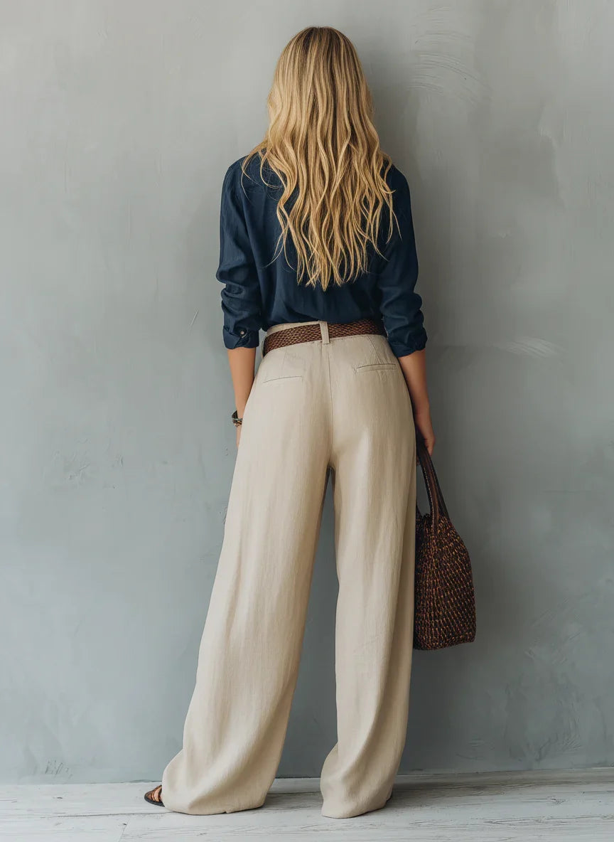 Women's Casual Khaki Cotton-Linen Trousers (Belt Not Included) MDZ2693E6LXY