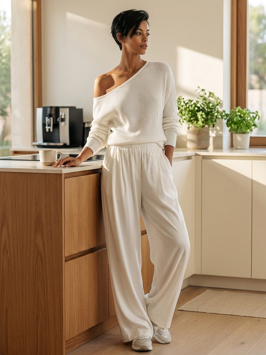 Women's Asymmetric One-Shoulder Knit Top & Wide-Leg Trousers Set MDZ1424H6ZRK