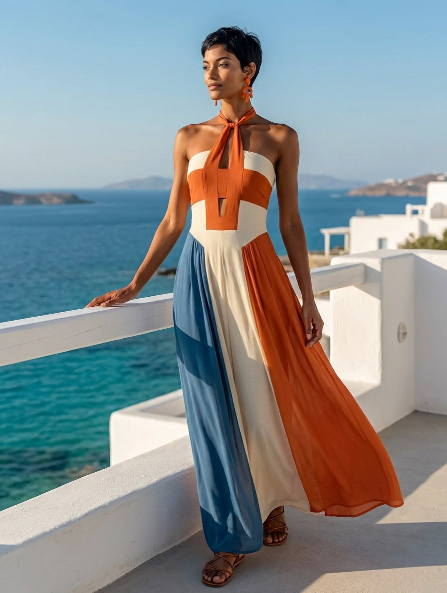 Women’s Orange White Blue Color Block Halter Keyhole Strapless Smocked Bodice Pleated Maxi Dress MDZ2980F6T