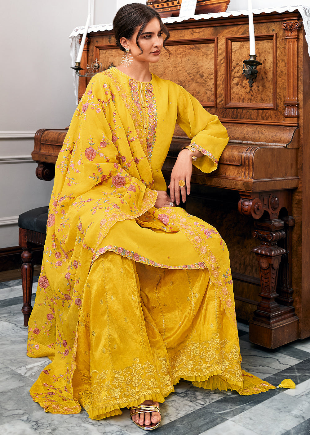 Golden Yellow Designer Woven Viscose Organza Salwar Suit with Embroidery work By Qivii