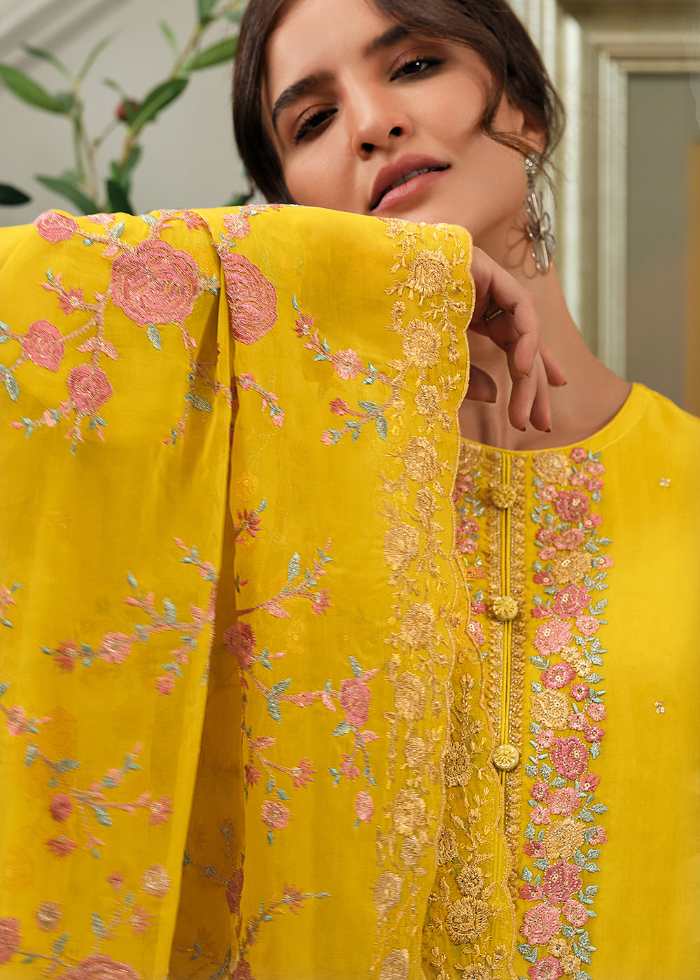 Golden Yellow Designer Woven Viscose Organza Salwar Suit with Embroidery work By Qivii