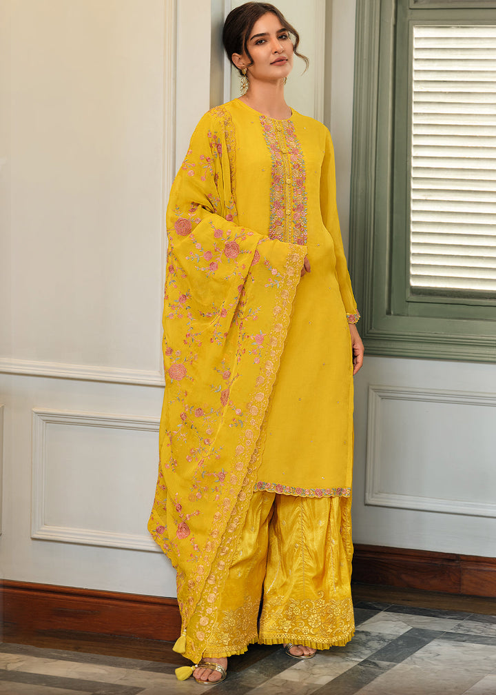 Golden Yellow Designer Woven Viscose Organza Salwar Suit with Embroidery work By Qivii