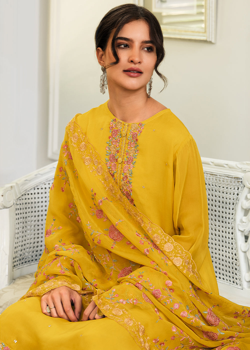 Golden Yellow Designer Woven Viscose Organza Salwar Suit with Embroidery work By Qivii