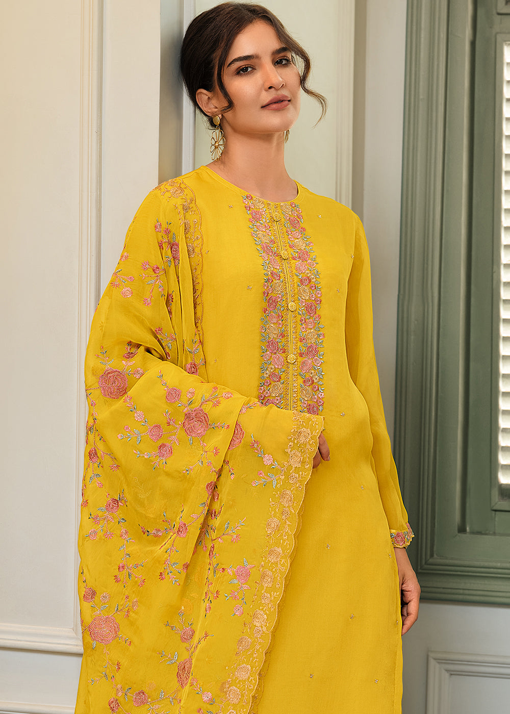 Golden Yellow Designer Woven Viscose Organza Salwar Suit with Embroidery work By Qivii