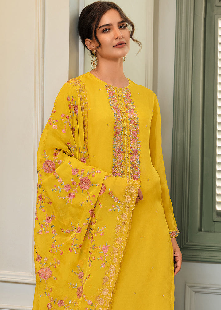 Golden Yellow Designer Woven Viscose Organza Salwar Suit with Embroidery work By Qivii