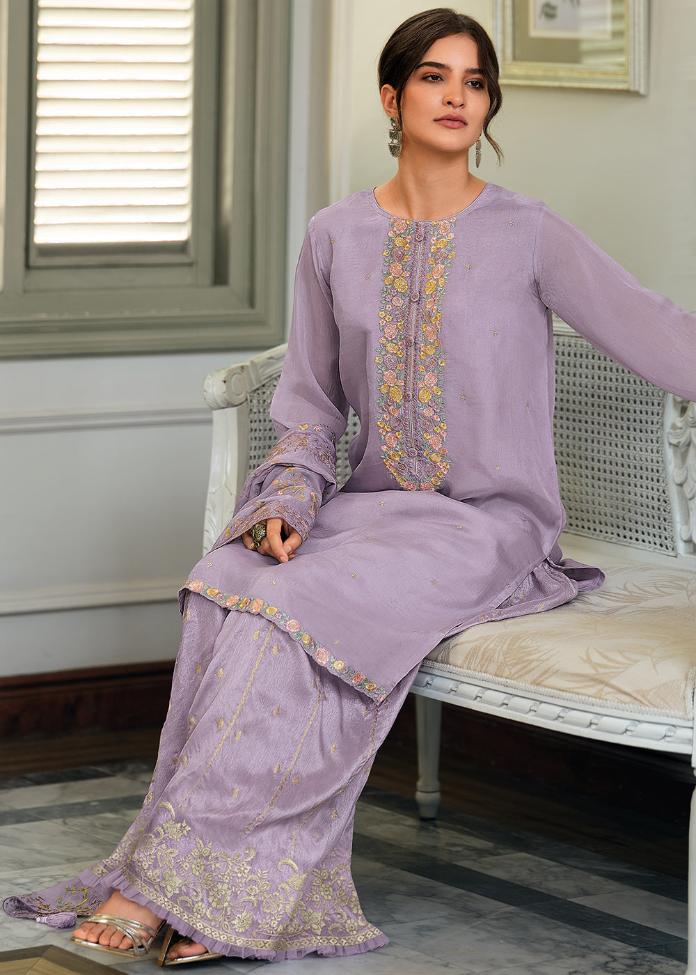 Pastel Purple Designer Woven Viscose Organza Salwar Suit with Embroidery work By Qivii