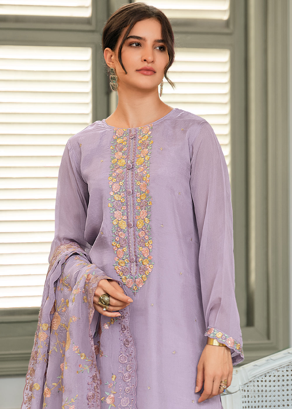 Pastel Purple Designer Woven Viscose Organza Salwar Suit with Embroidery work By Qivii