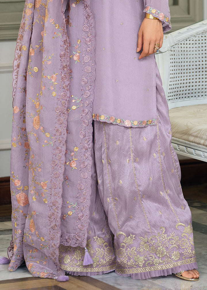 Pastel Purple Designer Woven Viscose Organza Salwar Suit with Embroidery work By Qivii