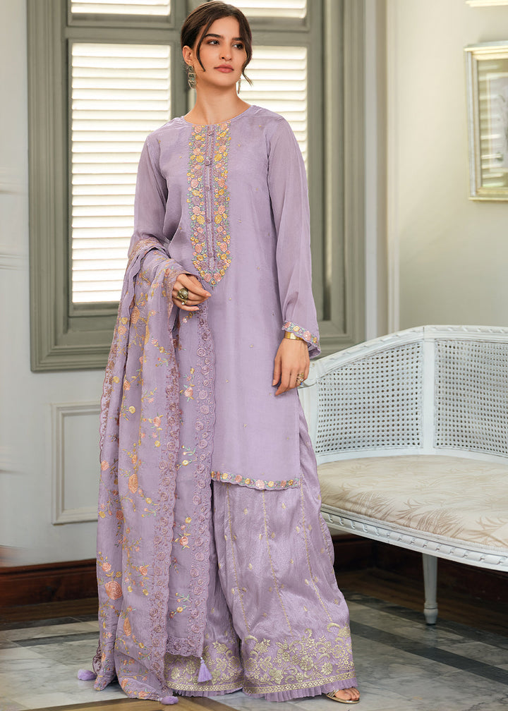 Pastel Purple Designer Woven Viscose Organza Salwar Suit with Embroidery work By Qivii