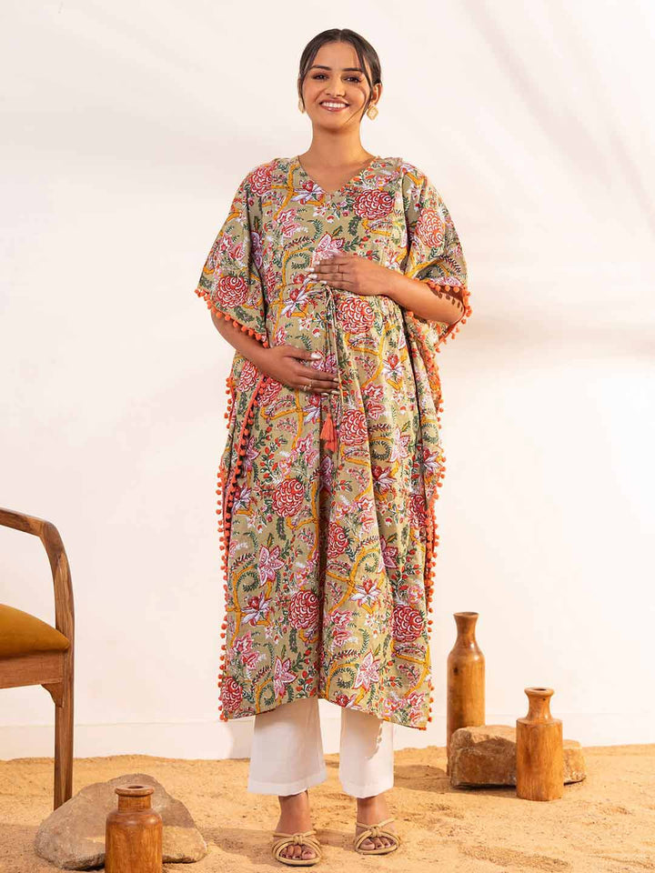 Beige Cotton Printed Kaftan Maternity Kurta  - By Janasya