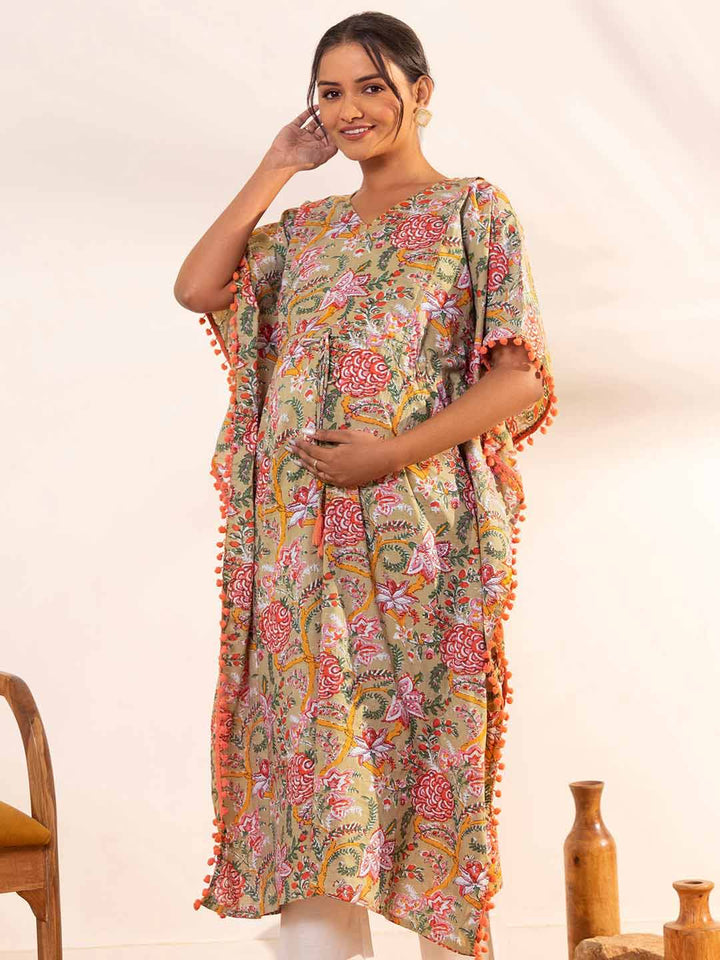 Beige Cotton Printed Kaftan Maternity Kurta  - By Janasya