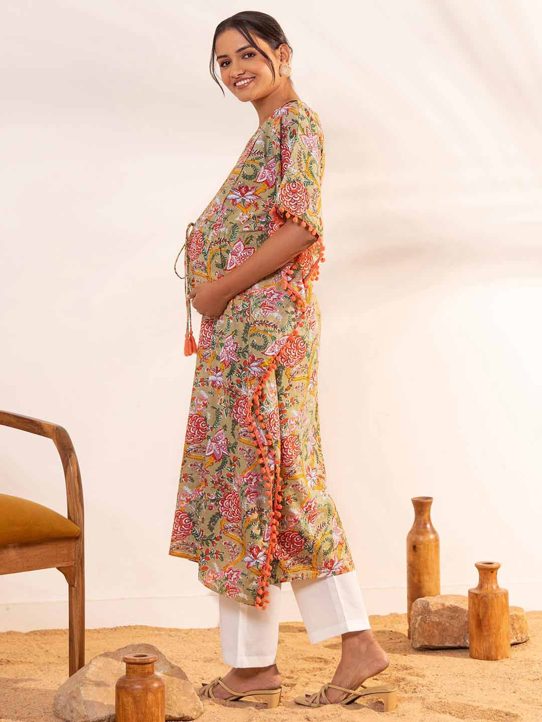 Beige Cotton Printed Kaftan Maternity Kurta  - By Janasya