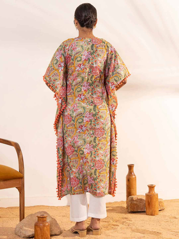 Beige Cotton Printed Kaftan Maternity Kurta  - By Janasya