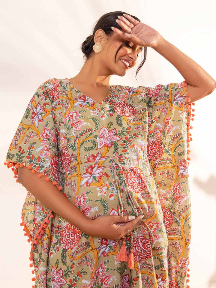 Beige Cotton Printed Kaftan Maternity Kurta  - By Janasya