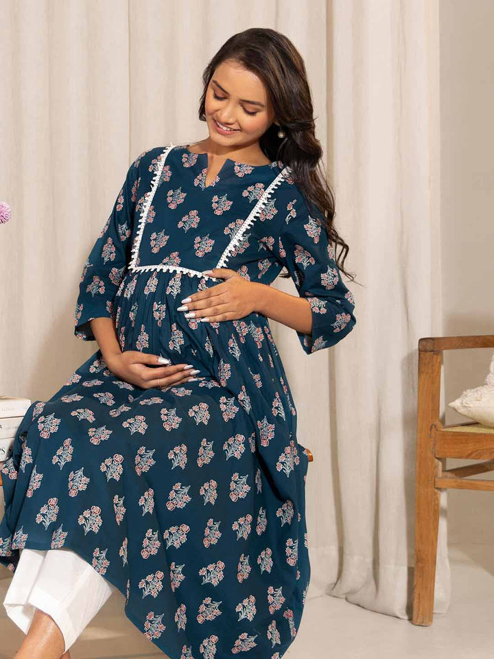 Teal Cotton Floral Fit & Flare Maternity Kurta  - By Janasya