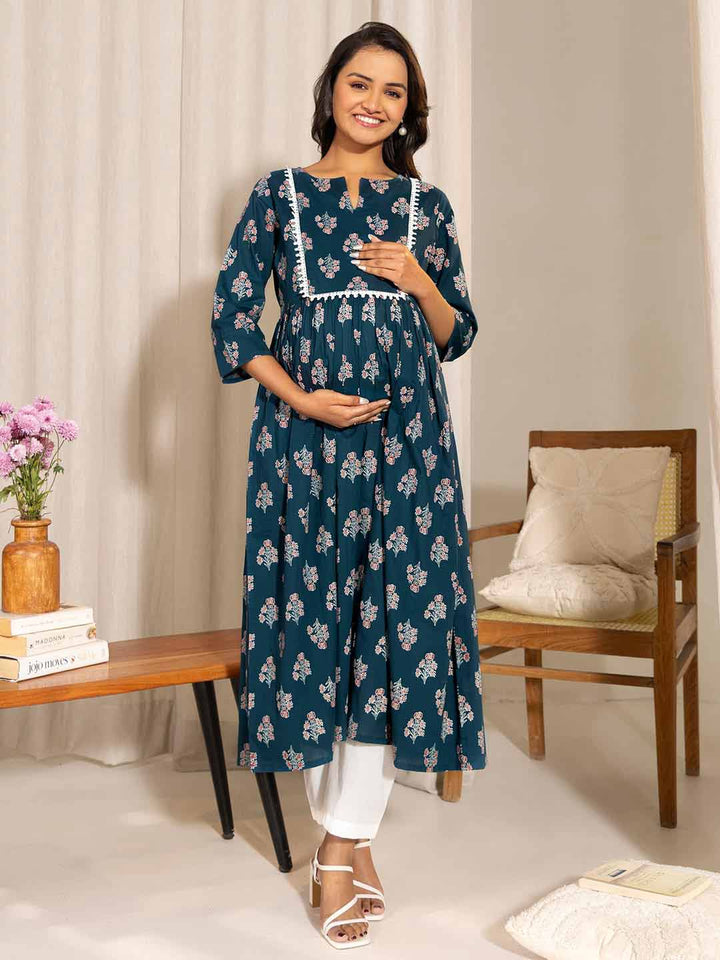 Teal Cotton Floral Fit & Flare Maternity Kurta  - By Janasya