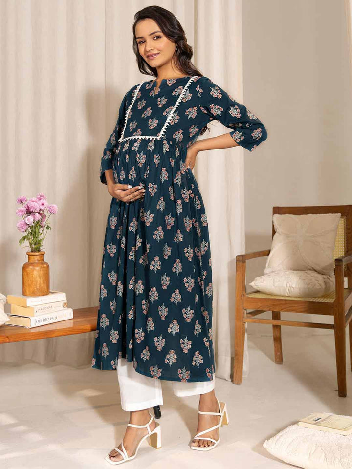 Teal Cotton Floral Fit & Flare Maternity Kurta  - By Janasya