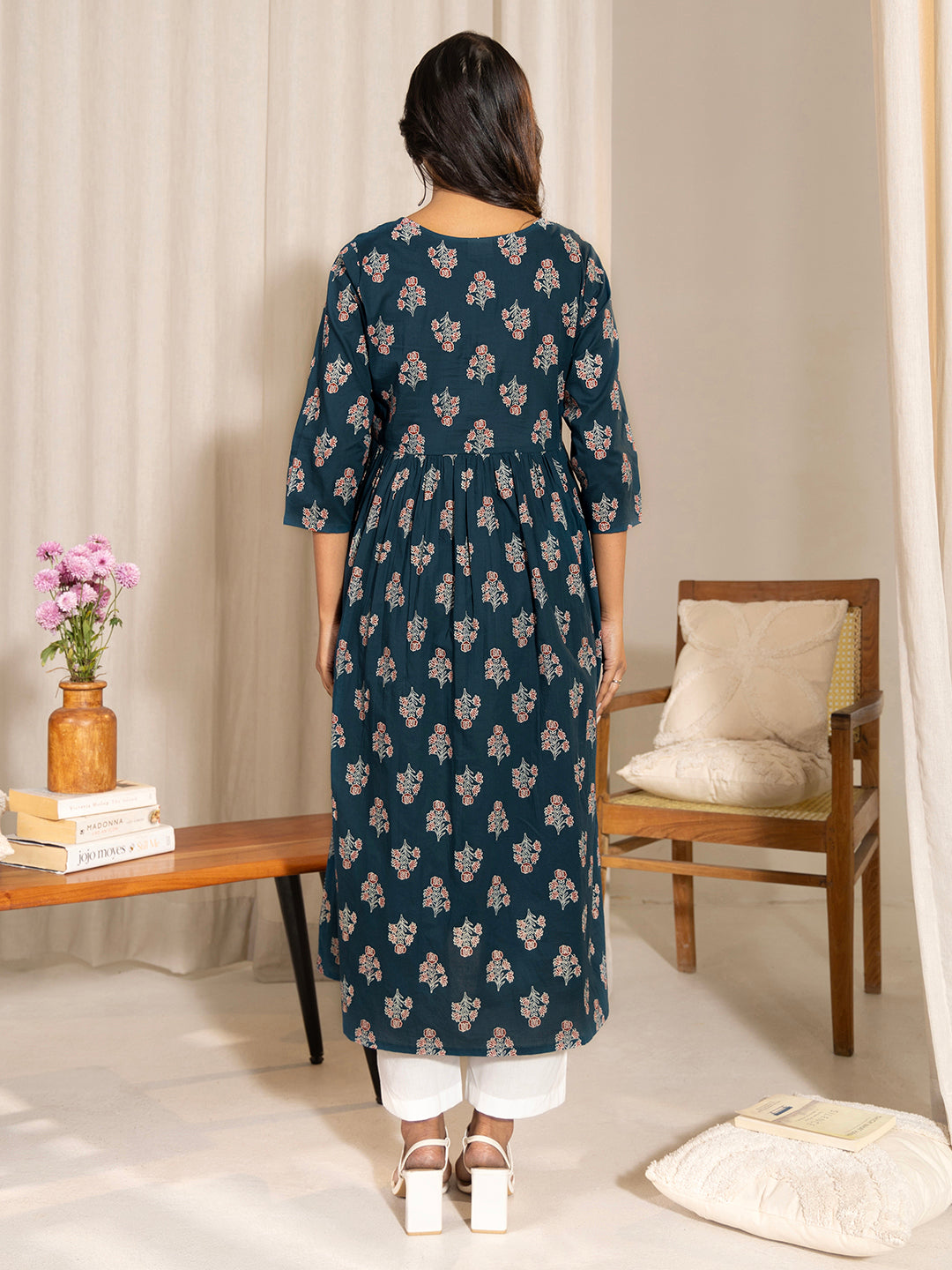 Teal Cotton Floral Fit & Flare Maternity Kurta  - By Janasya