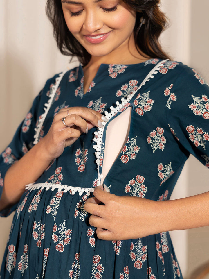 Teal Cotton Floral Fit & Flare Maternity Kurta  - By Janasya