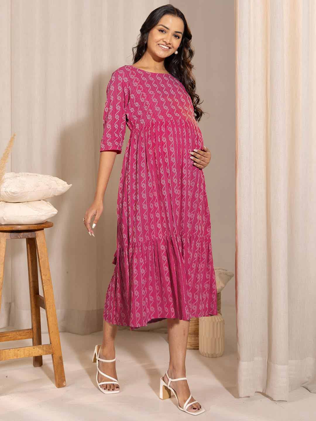 Pink Cotton Woven Design Tiered Maternity Dress  - By Janasya