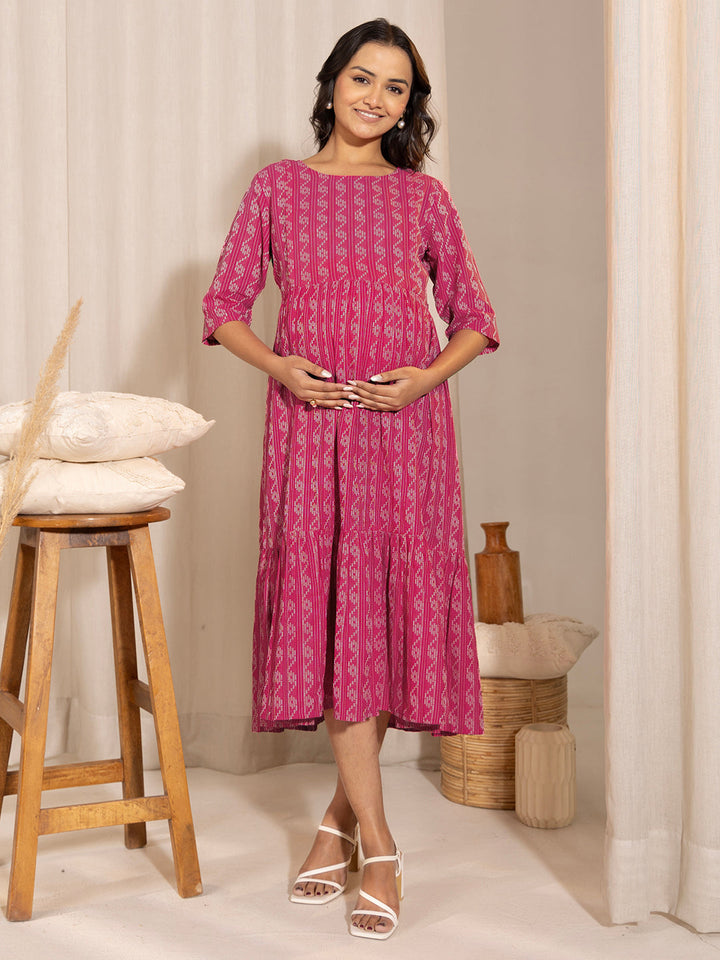 Pink Cotton Woven Design Tiered Maternity Dress  - By Janasya