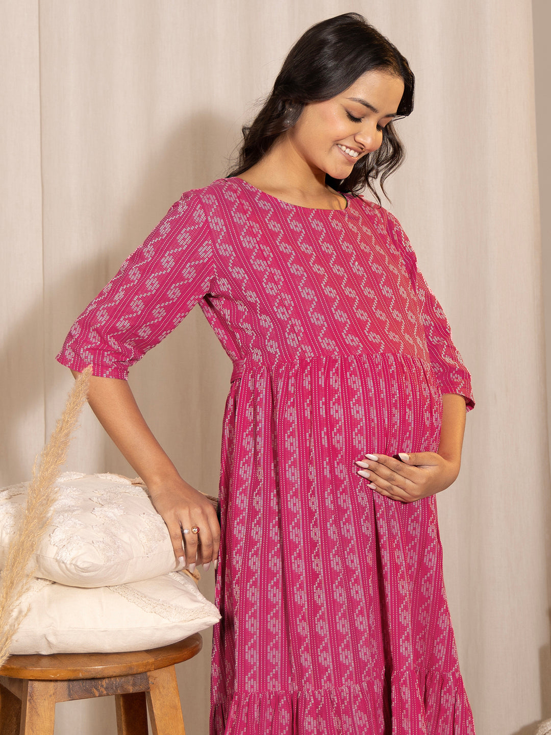 Pink Cotton Woven Design Tiered Maternity Dress  - By Janasya