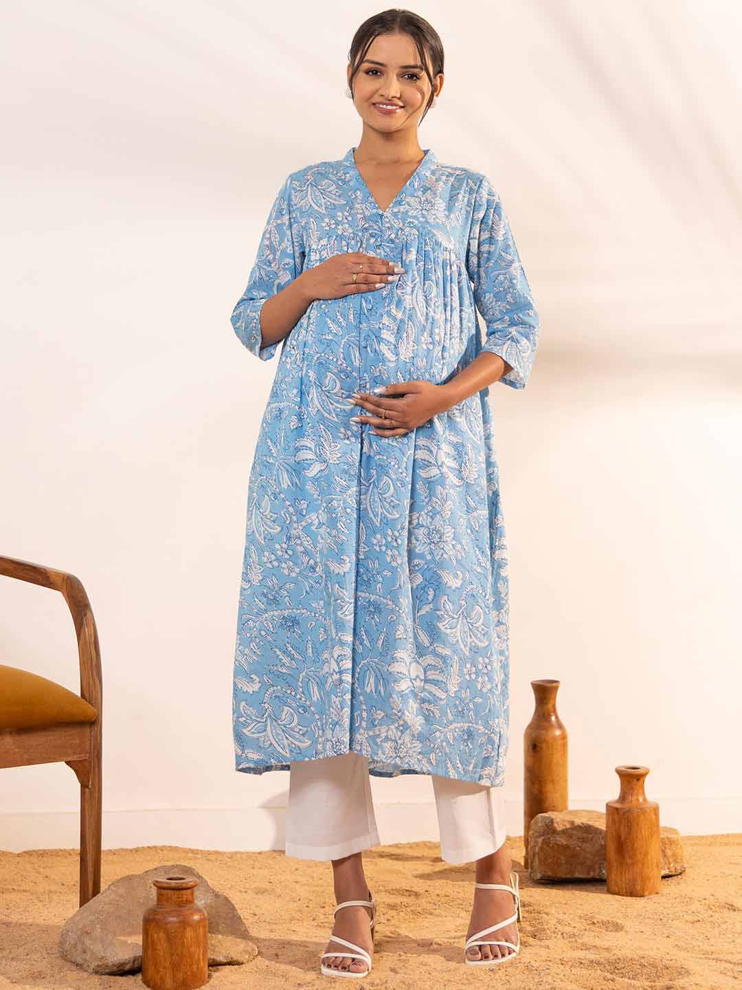 Sky Blue Cotton Floral Printed A-Line Maternity Kurta  - By Janasya