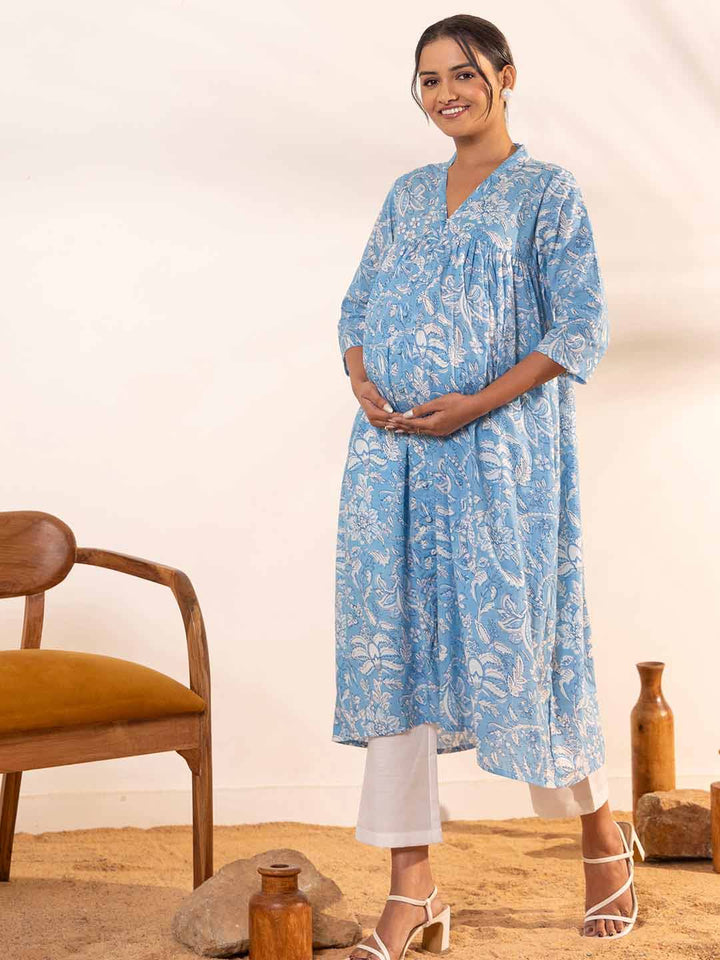 Sky Blue Cotton Floral Printed A-Line Maternity Kurta  - By Janasya