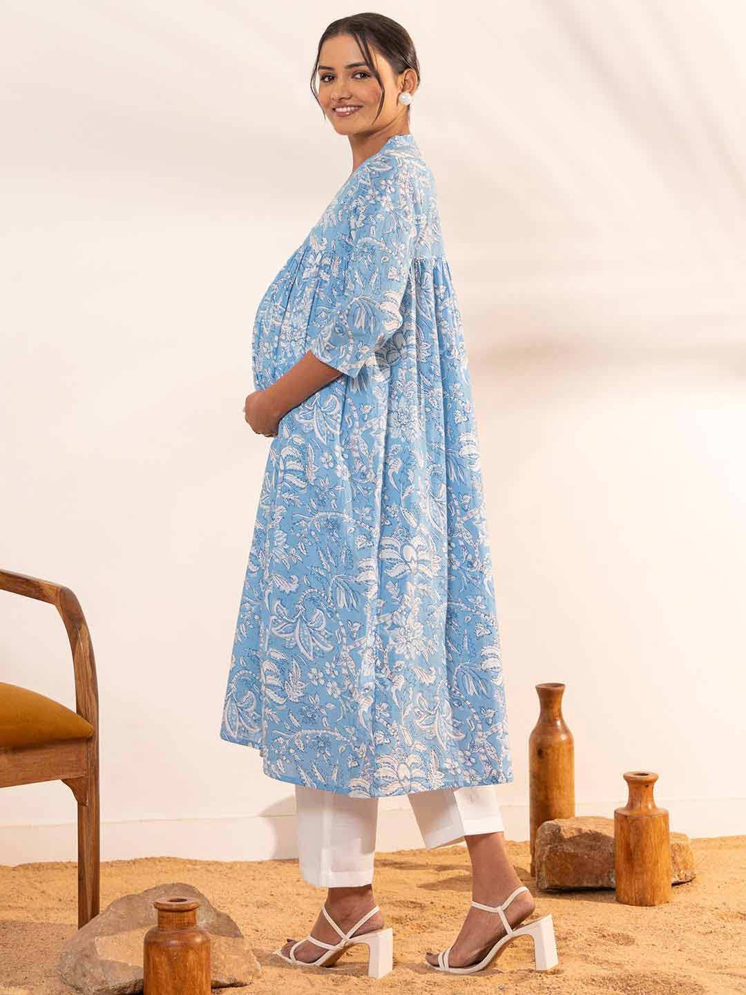 Sky Blue Cotton Floral Printed A-Line Maternity Kurta  - By Janasya