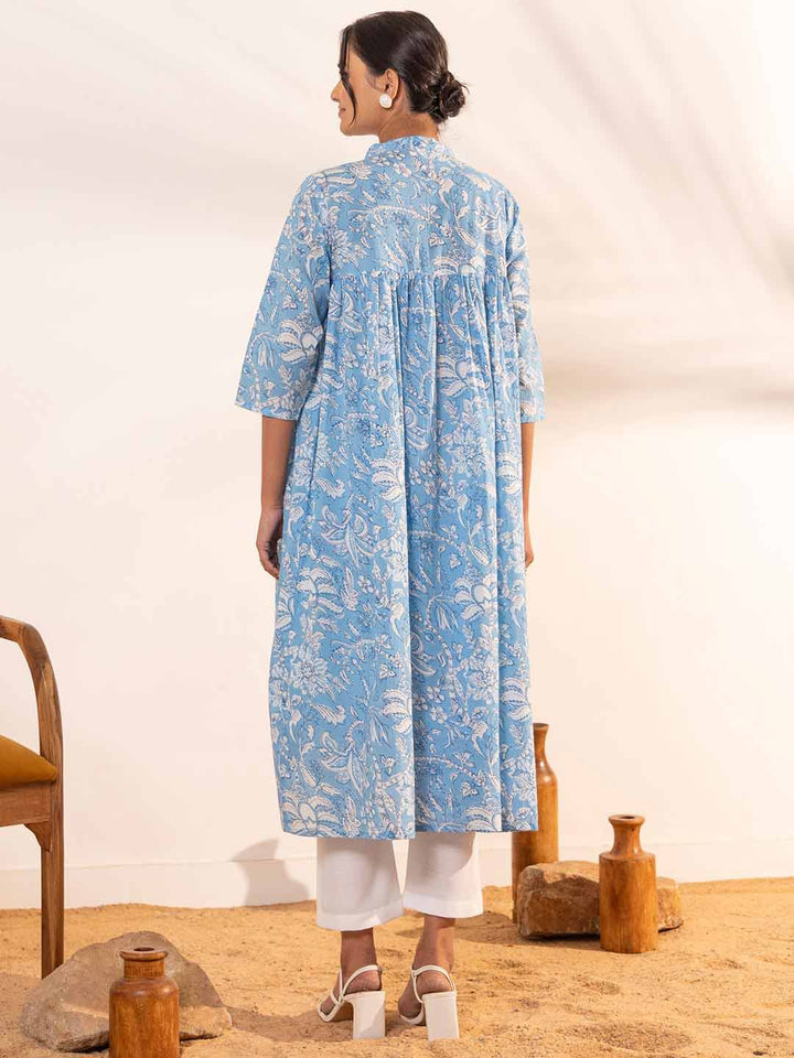 Sky Blue Cotton Floral Printed A-Line Maternity Kurta  - By Janasya