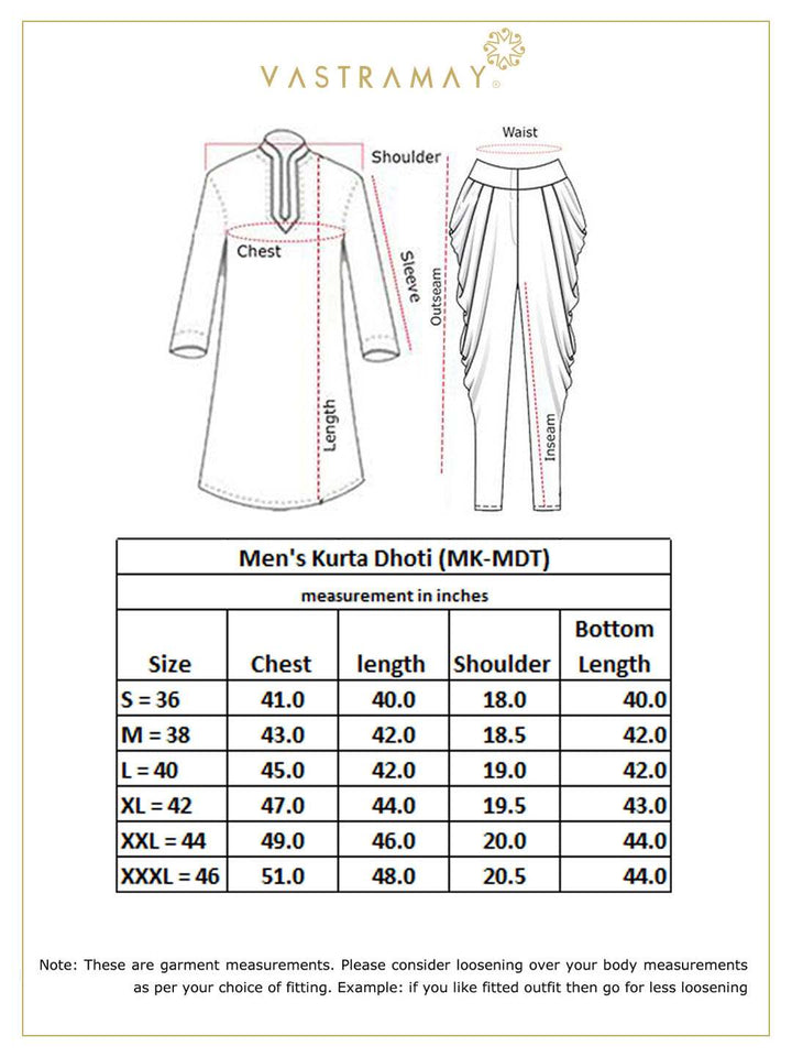 A traditional Indian men's outfit, the VM BY Men's Gold Zari Weaved Kurta Dhoti Set features intricate gold zari weaving on a kurta with matching dhoti