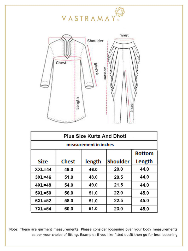 A close-up image of VASTRAMAY Men's Plus Size White Chikankari Embroidered Kurta And Dhoti Set showcasing intricate embroidery and traditional design