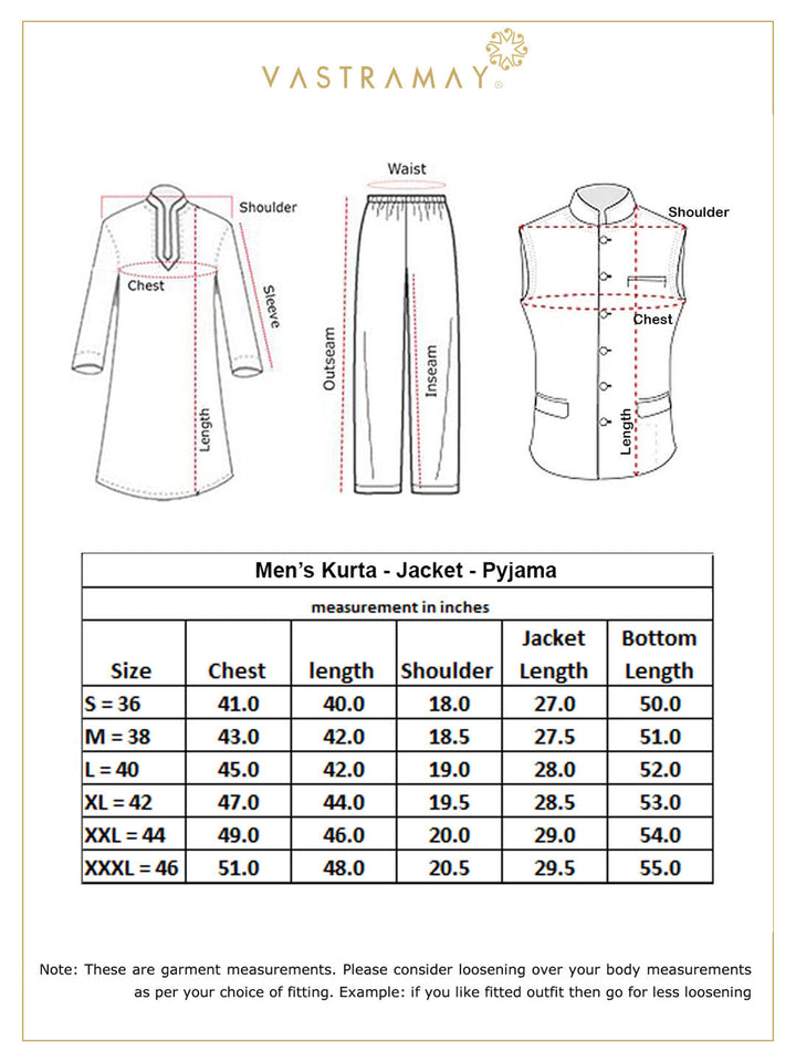 VASTRAMAY Men's Green Printed Cotton Nehru Jacket With Mustard Kurta And White Pyjama Set