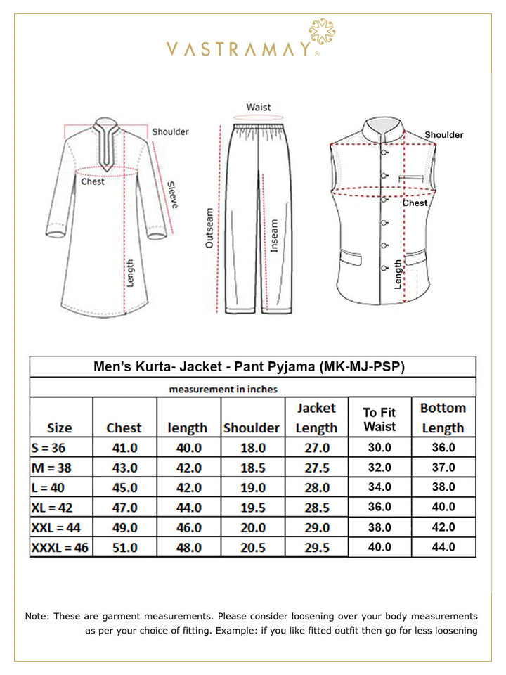 Vastramay Men's Cream Mirror Jacket With Front Open Kurta Pyjama Set