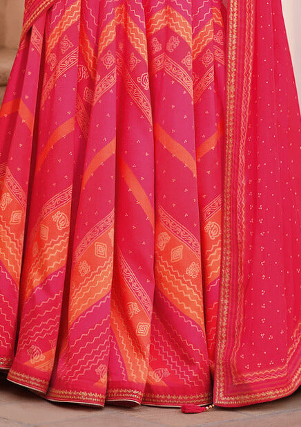 SHADES OF PINK DIGITALLY PRINTED GAJI SILK LEHENGA WITH BORDERS & BELT EMBROIDERY