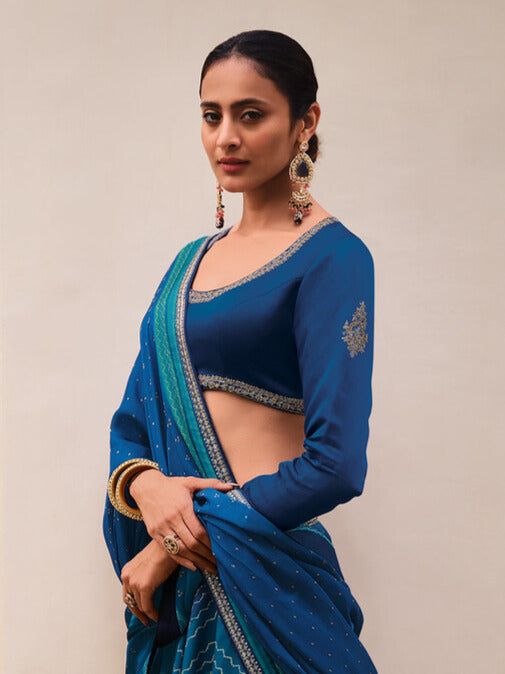 SHADES OF BLUE DIGITALLY PRINTED GAJI SILK LEHENGA WITH BORDERS & BELT EMBROIDERY