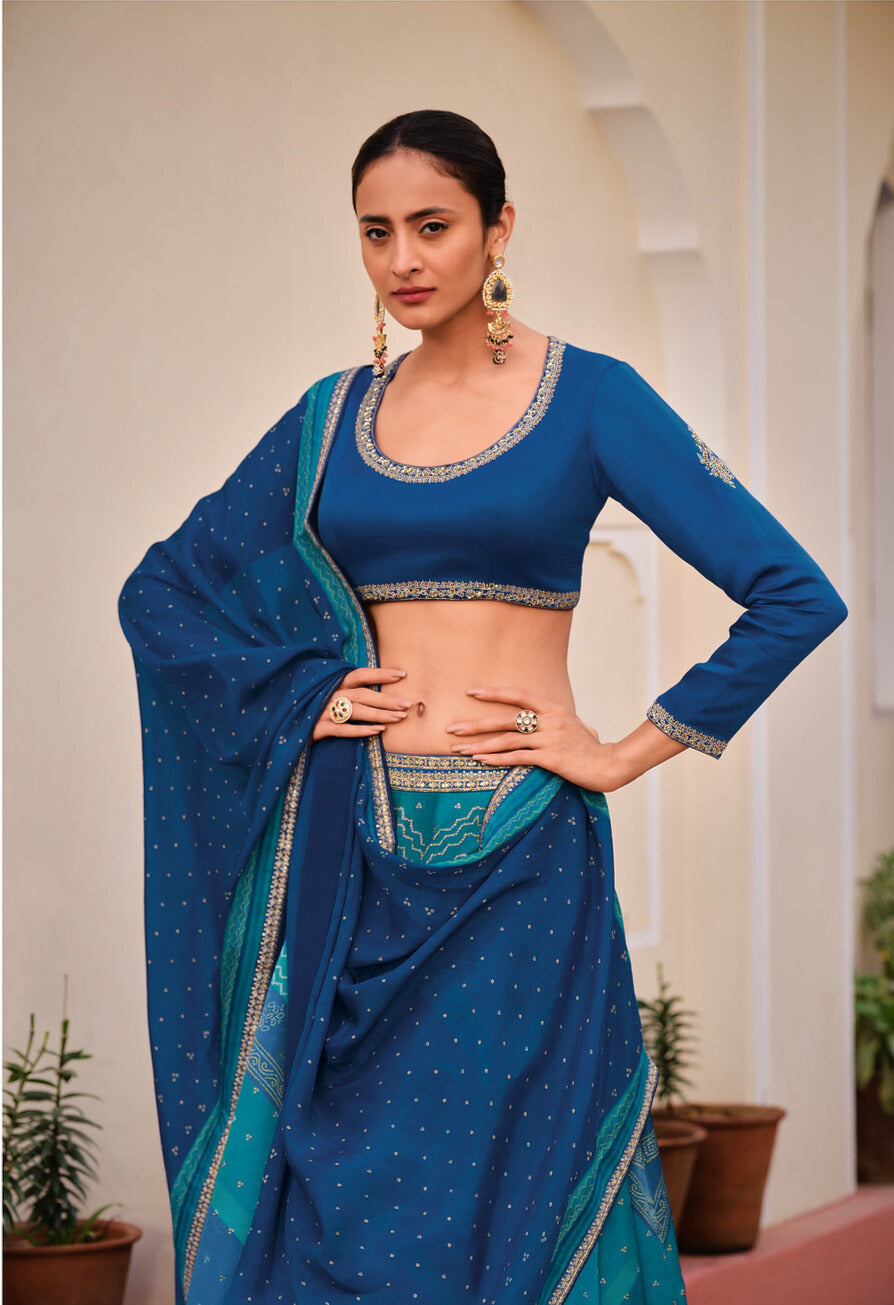 SHADES OF BLUE DIGITALLY PRINTED GAJI SILK LEHENGA WITH BORDERS & BELT EMBROIDERY