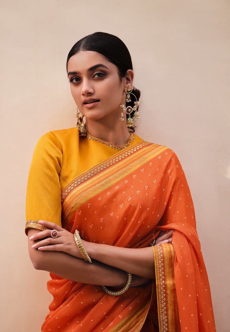 YELLOW & ORANGE DIGITALLY PRINTED GAJI SILK LEHENGA WITH BORDERS & BELT EMBROIDERY