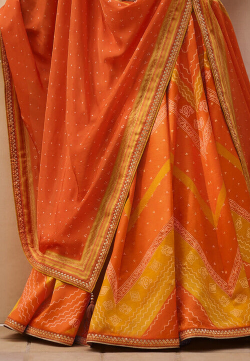 YELLOW & ORANGE DIGITALLY PRINTED GAJI SILK LEHENGA WITH BORDERS & BELT EMBROIDERY