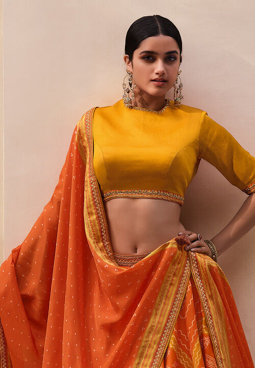 YELLOW & ORANGE DIGITALLY PRINTED GAJI SILK LEHENGA WITH BORDERS & BELT EMBROIDERY