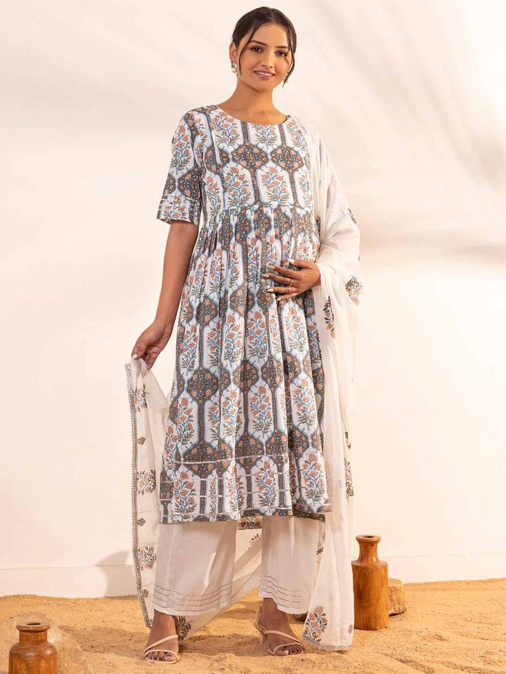 White Cotton Floral Flared Maternity Kurta Set  - By Janasya