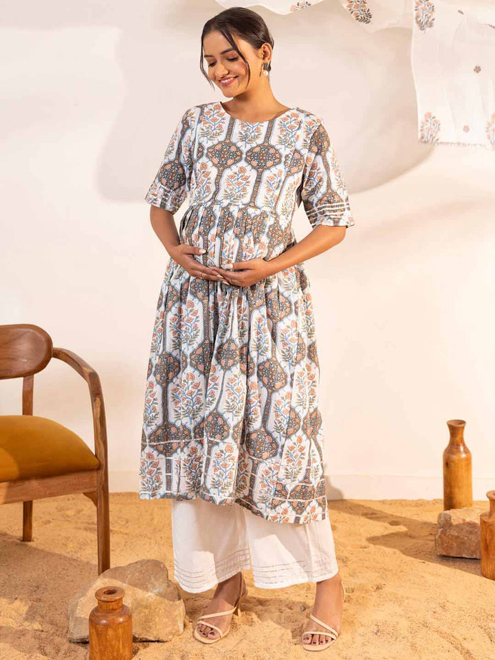 White Cotton Floral Flared Maternity Kurta Set  - By Janasya