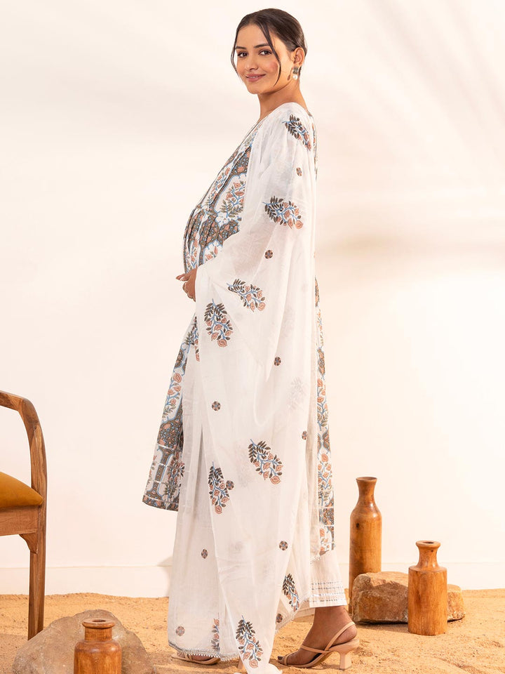 White Cotton Floral Flared Maternity Kurta Set  - By Janasya