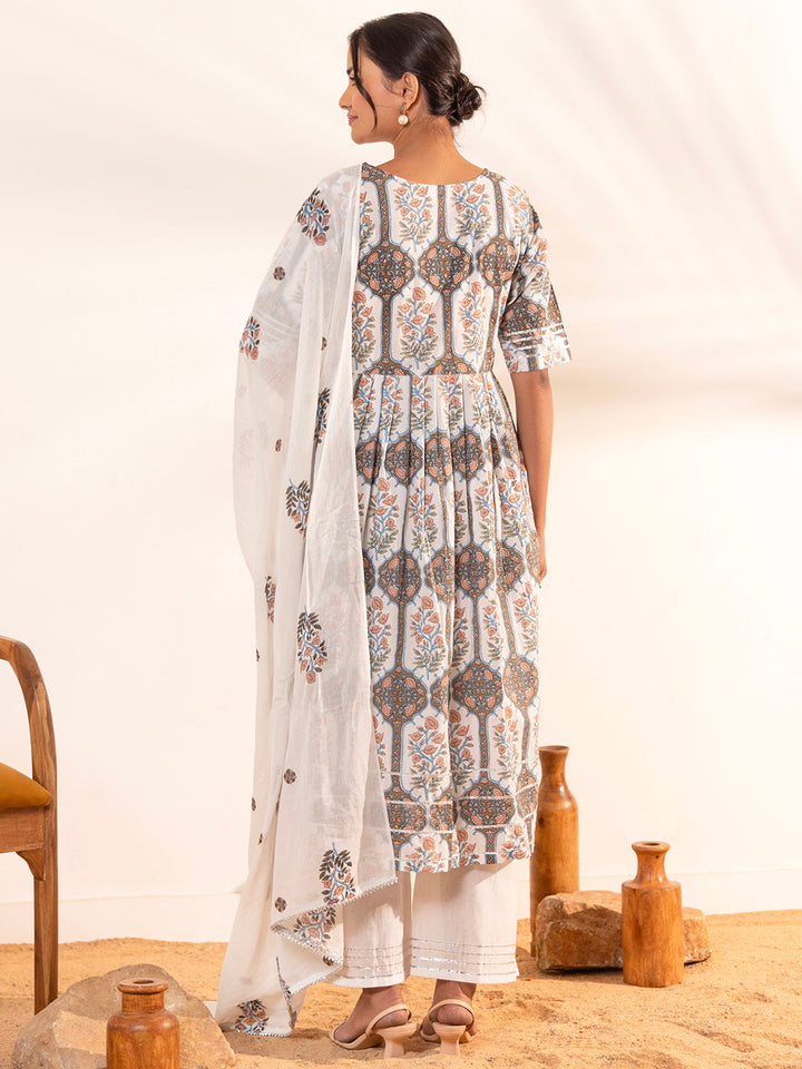 White Cotton Floral Flared Maternity Kurta Set  - By Janasya